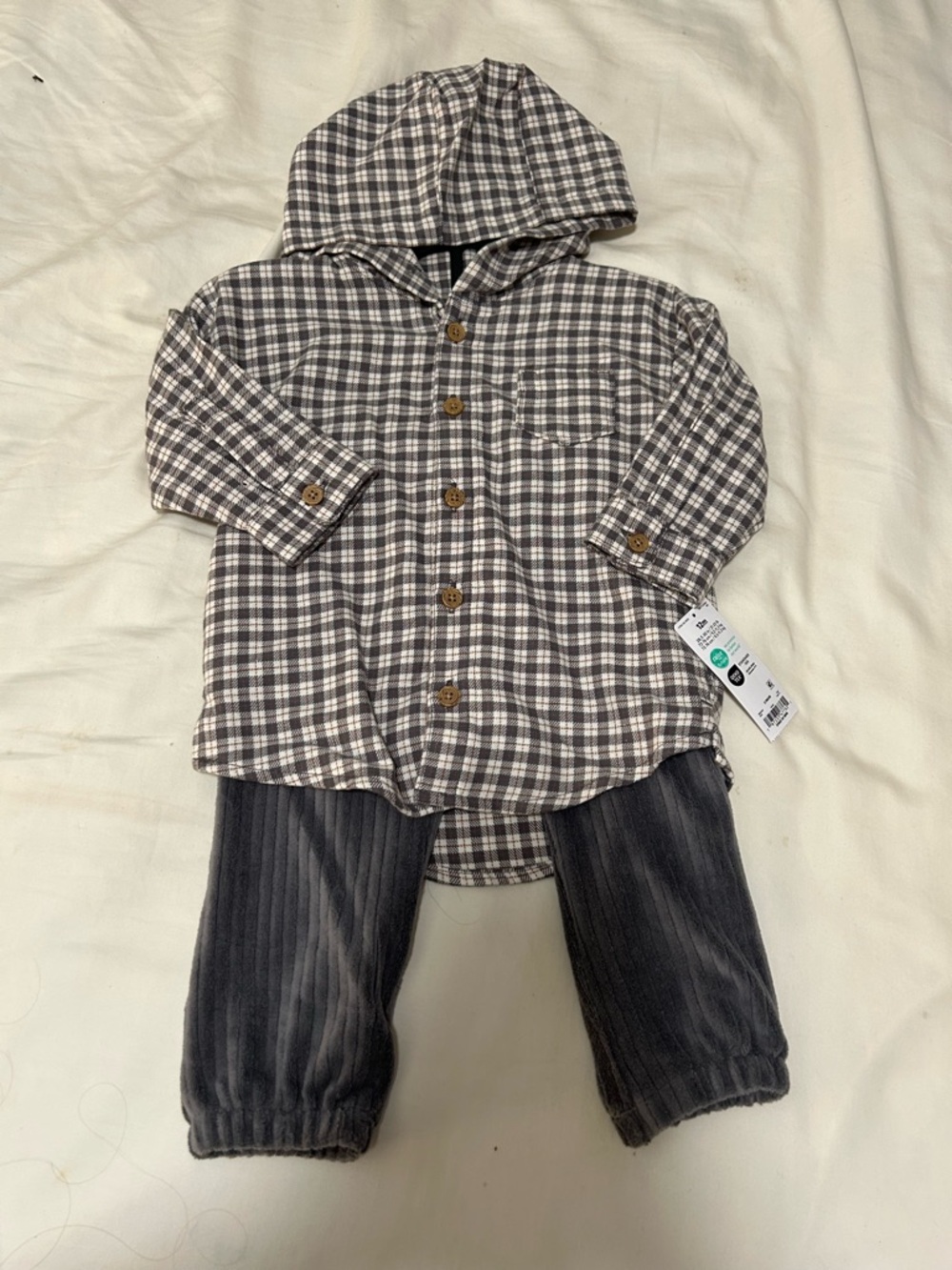 NWT Carters child of mine Brown and Gray Plaid Hooded 2 Piece Baby Set size 12m